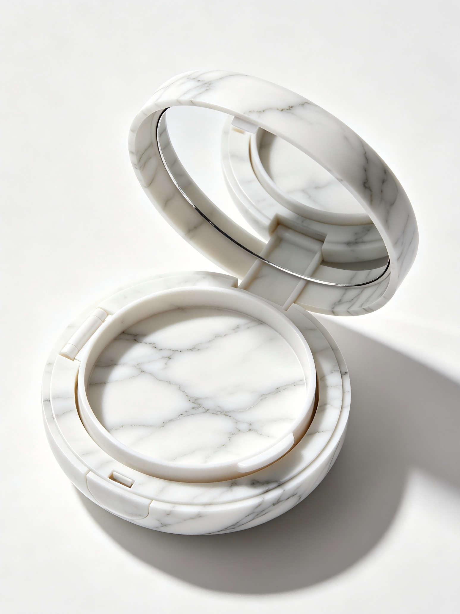 Elegant white marble pattern empty air cushion compact with folding mirror, round plastic foundation case for personalized cosmetic packaging